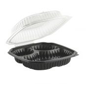 Culinary Lites CL9931 9" x 9" Square Hinged Clamshell Polypropylene Container 20/5/5 oz Microwavable Three Compartment Black Base With One Compartment Clear Anti-Fog Tear-Away Lid
