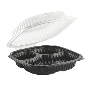 Culinary Lites CL9931 9" x 9" Square Hinged Clamshell Polypropylene Container 20/5/5 oz Microwavable Three Compartment Black Base With One Compartment Clear Anti-Fog Tear-Away Lid