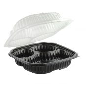 Culinary Classics CC9933B - 9" x 9" Square Hinged Polypropylene Container 20/5/5 oz Microwavable Three Compartment Black Base With Three Compartment Clear Anti-Fog Tear-Away Lid