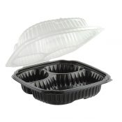 Culinary Classics CC91033B - 10.5" x 9.5" Rectangle Hinged Clamshell Container 26/7/7 oz Microwavable Three Compartment Black Base With Three Compartment Clear Anti-Fog Tear-Away Lid