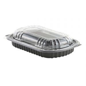 MicroRaves M1070 - 10" x 6.5" Rectangle 22 oz Microwavable One Compartment Black Base Half Slab And Clear Anti-Fog OPS Lid Combo Pack