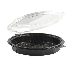 Gourmet Classics GC900S - 9" Round Hinged RPET Container 30 oz Shallow One Compartment Clear Base With ClearCold Anti-Fog Tear-Away Lid