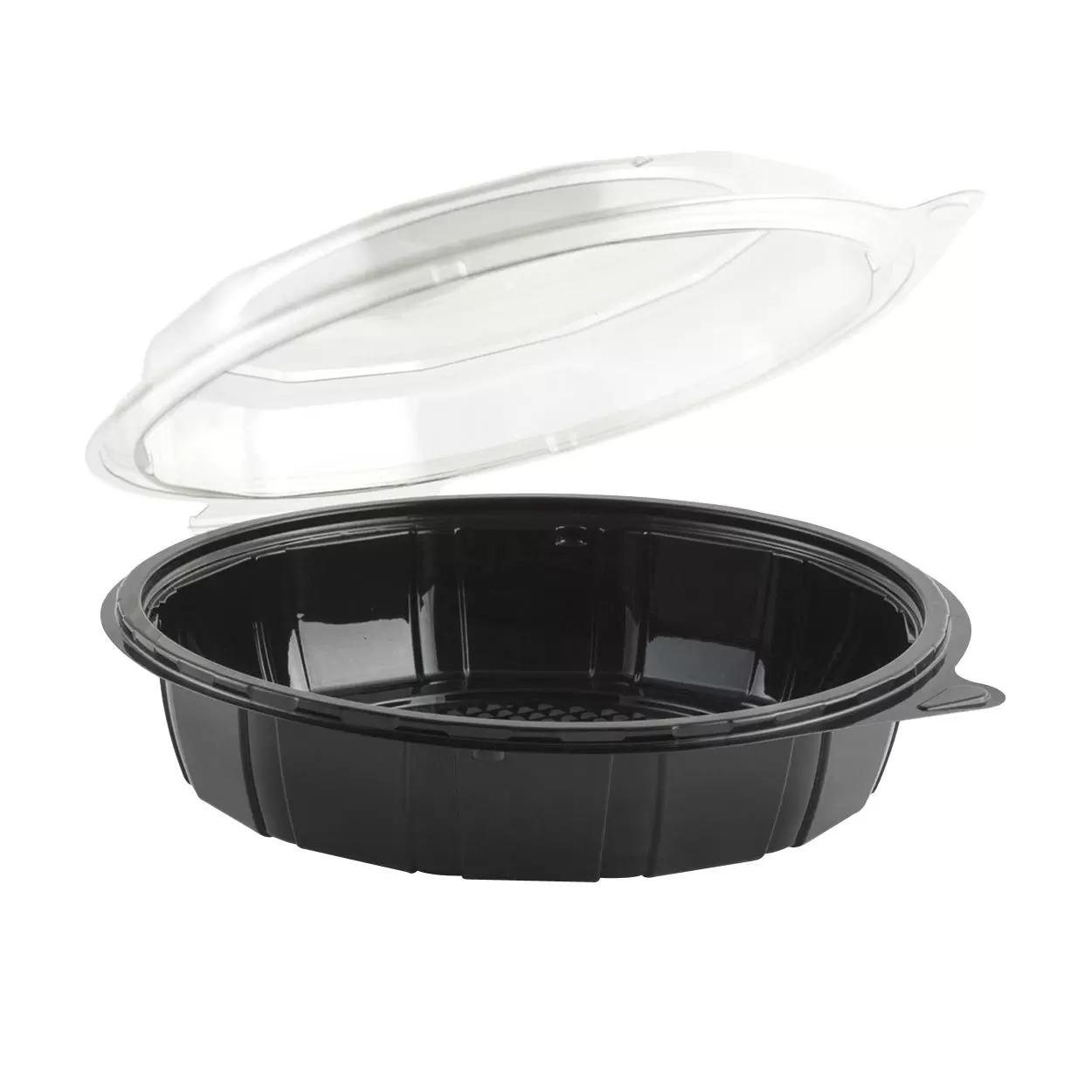 48oz Deep Black Square Plastic Containers w/ Lids (100/cs)