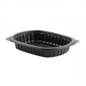 Processor Trays M400-16R - 8" x 6" Rectangle Polypropylene One Compartment Container 16 oz Microwavable Black High Impact Flat Flange Black Processor Tray
