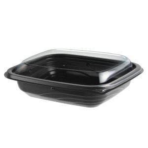 MicroRaves CDM612-LC600 - 7" x 6" Rectangle 12 oz Microwavable One Compartment Black Base And One Compartment Clear Anti-Fog RPET Lid Combo Pack