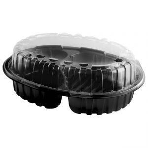 Crisp Food Technologies CF1942/CF1900L - 11" x 8.5" Oval 48 oz Microwavable Two Compartment Black Base and One Compartment Anti-Fog Polypropylene Lid Combo Pack