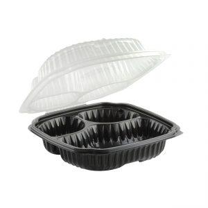 Culinary Lites CL9933 - 9" Square Hinged Clamshell Container 20/5/5 oz Microwavable Polypropylene Three Compartment Black Base With Three Compartment Clear Lid Anti-Fog Tear-Away