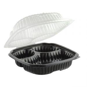 Culinary Lites CL91033 - 10.5" x 9.5" Rectangle Hinged Clamshell Container 26/7/7 oz Microwavable Polypropylene Three Compartment Black Base With Three Compartment Clear Lid Anti-Fog Tear-Away